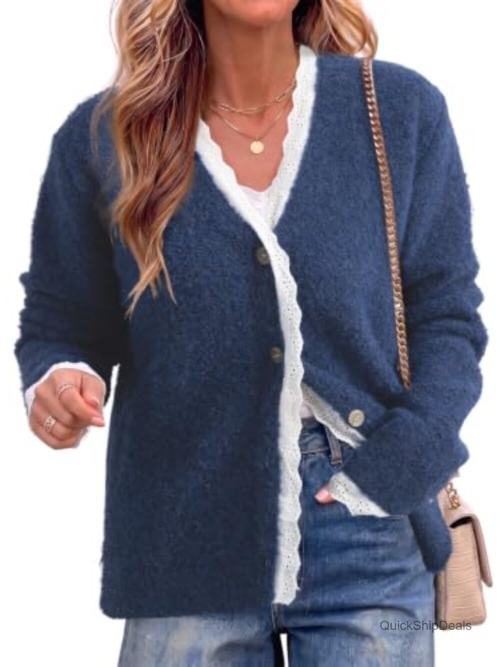 Oversized Lace Trim Wool Blend Cardigan Button Down V Neck Knit Sweater